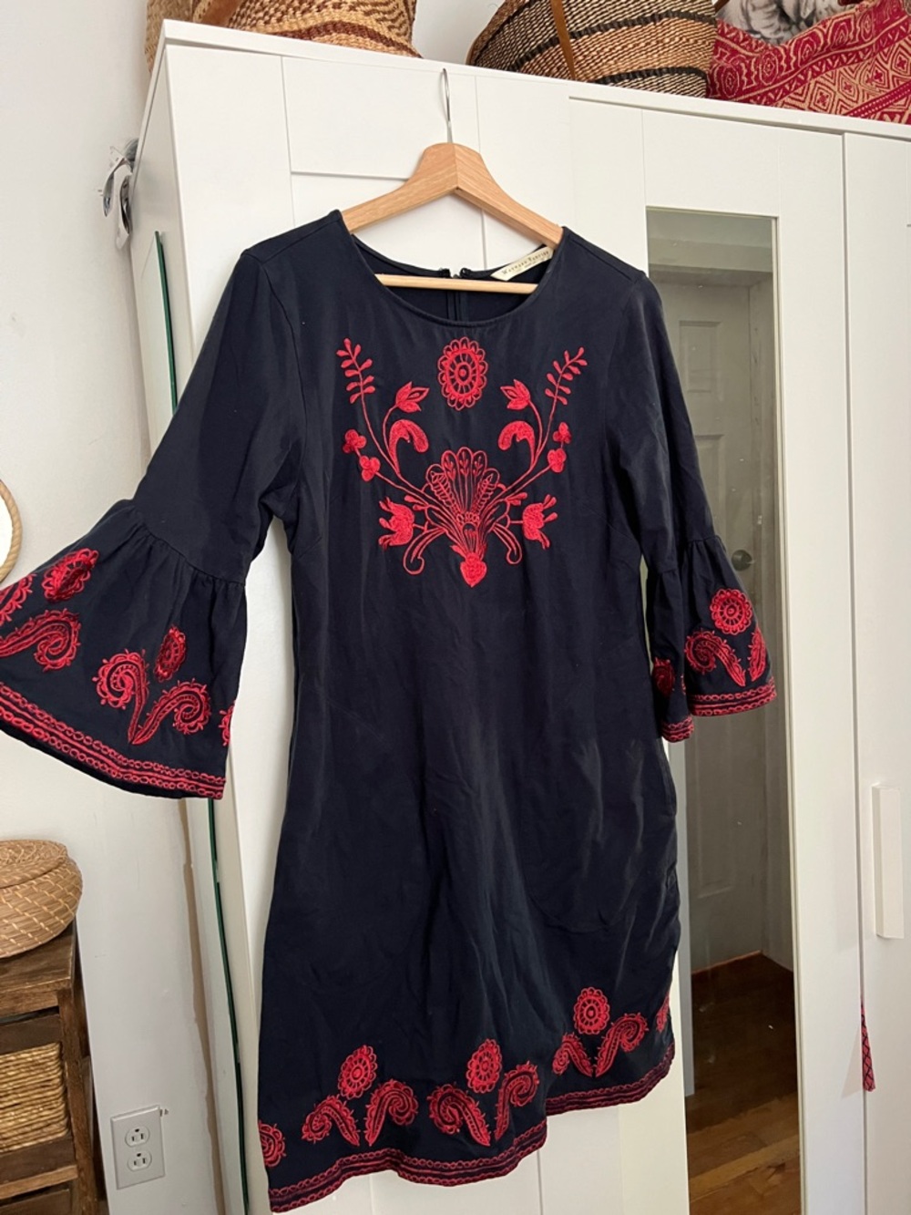 eshakti Navy Dress with Red Embroidered Floral Accents